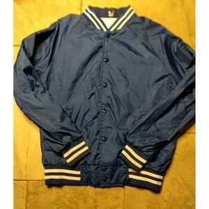 Vintage 80s Trax Navy Blue Nylon Varsity Bomber Jacket Men's Medium Snap Front